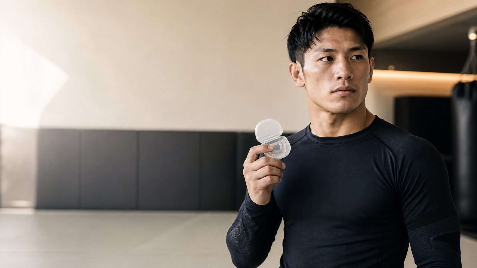競技前にスポーツマウスガードを確認するアスリートのイメージ